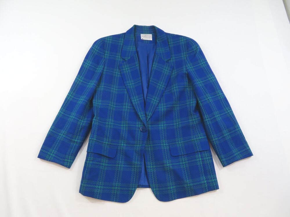 Miss Pendleton Wool Blazer Royal Blue Green Plaid Made in USA Womens Sz 10